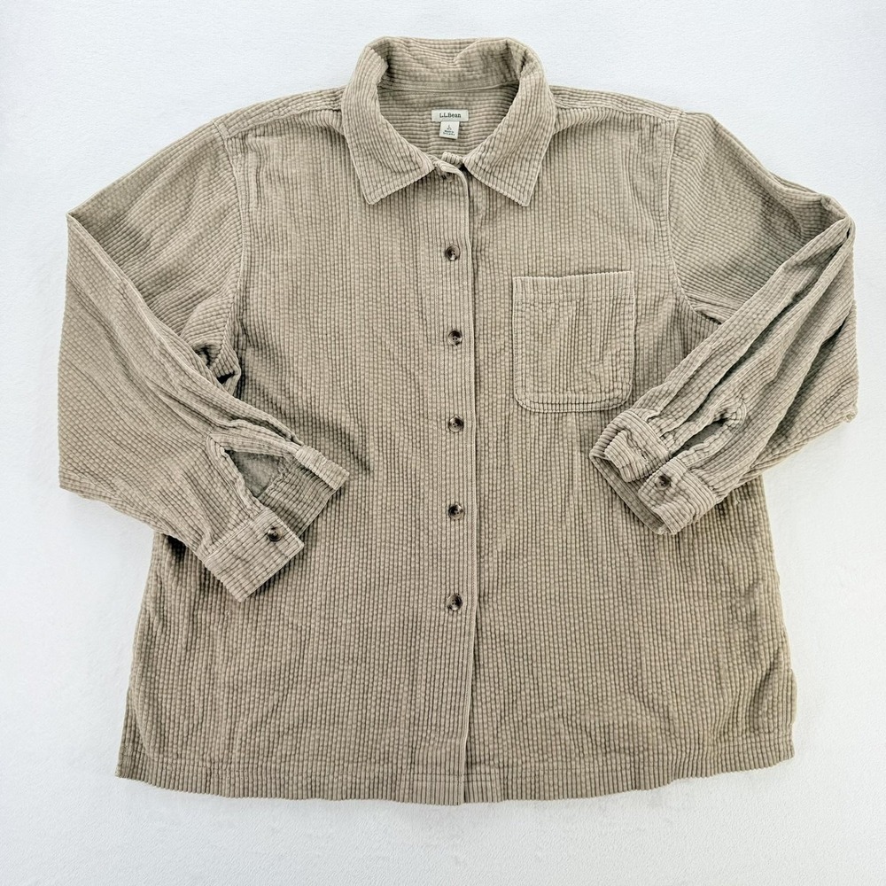 LL Bean Shirt Womens Petite Large Beige Corduroy Button Up Long Sleeve Top